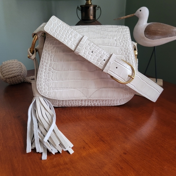 Vince Camuto Tal Croc Embossed Leather  Saddle Bag in Cream - Picture 1 of 16